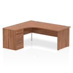 Wood-effect L-shaped desk with drawers on a white background