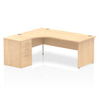 Wood-effect L-shaped desk with drawers on a white background