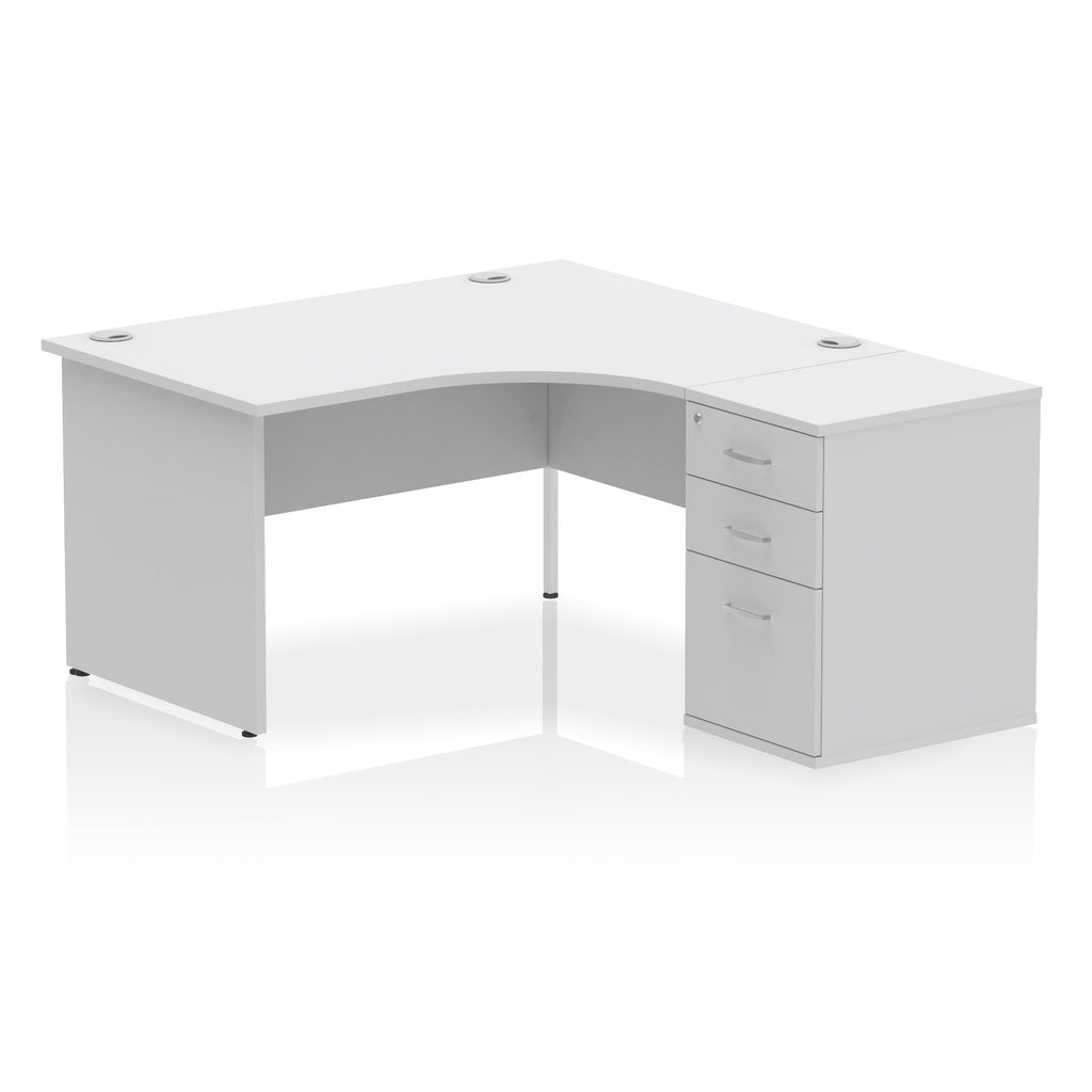 White L-shaped office desk with drawers on a white background