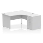 White L-shaped office desk with drawers on a white background