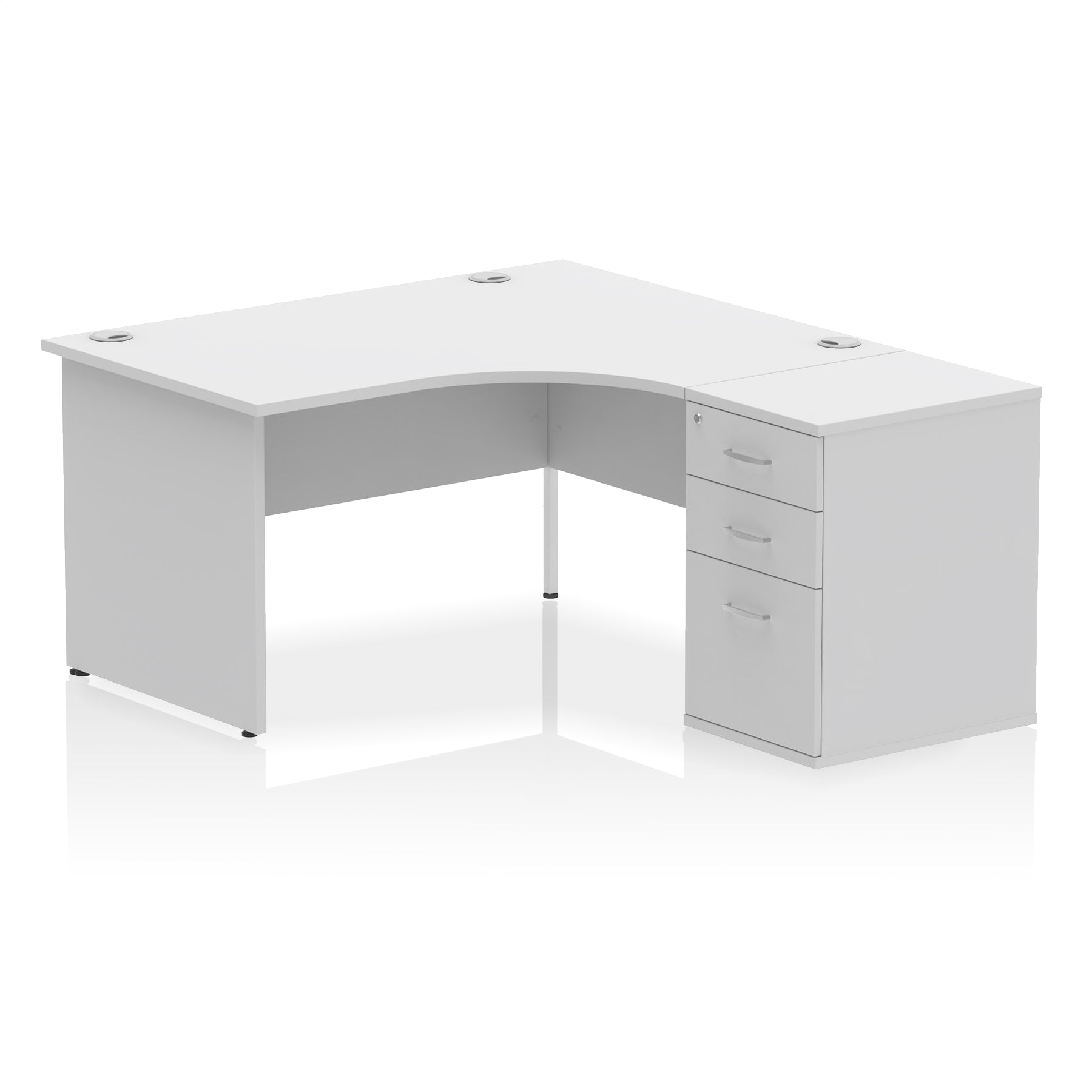 White L-shaped office desk with drawers on a white background