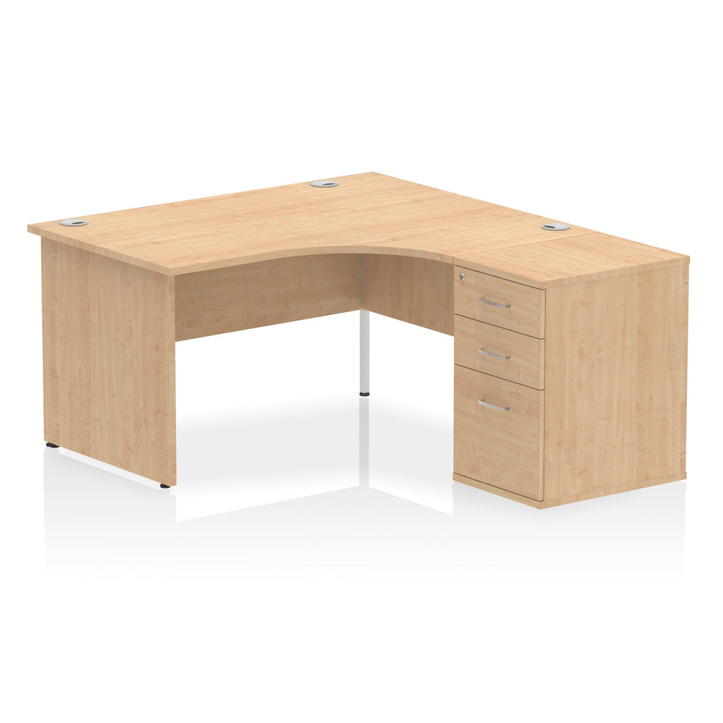 Wood-effect L-shaped desk with drawers on a white background