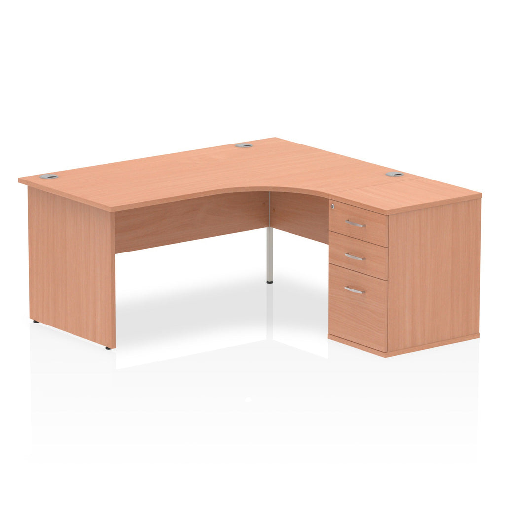 Wood-effect L-shaped desk with drawers on a white background