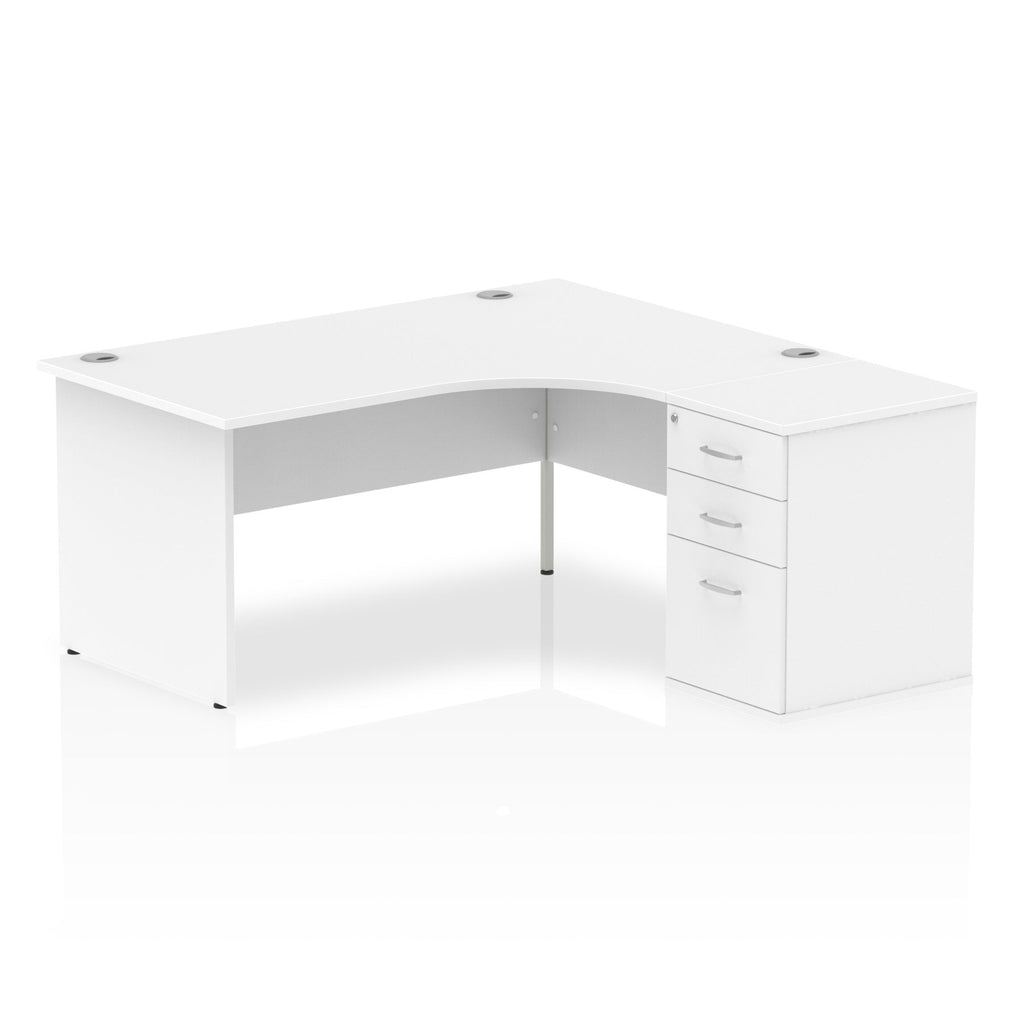 White L-shaped office desk with drawers on a white background