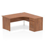 Wood-effect L-shaped desk with drawers on a white background