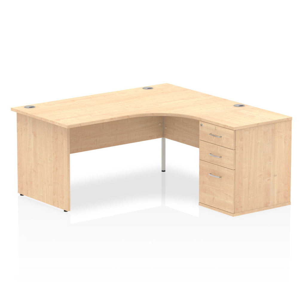 Wood-effect L-shaped desk with drawers on a white background