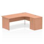 Wood-effect L-shaped desk with drawers on a white background