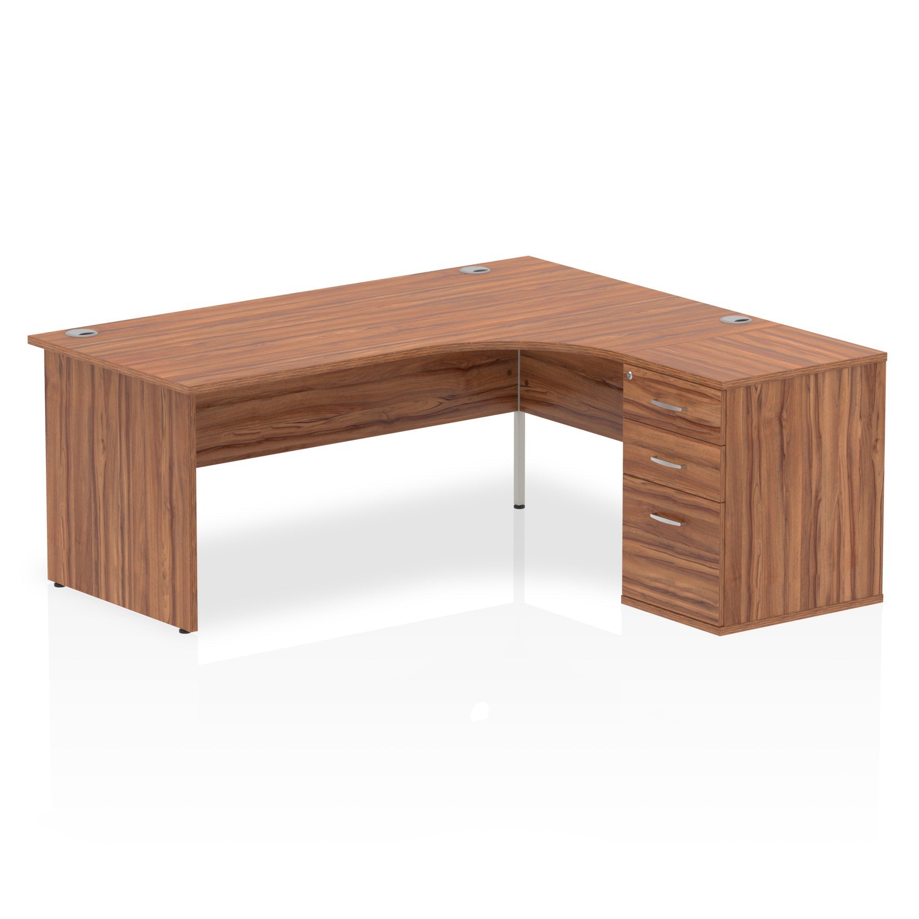 Wood-effect L-shaped desk with drawers on a white background