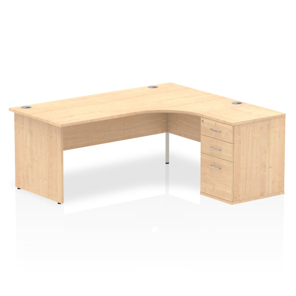 Wood-effect L-shaped desk with drawers on a white background
