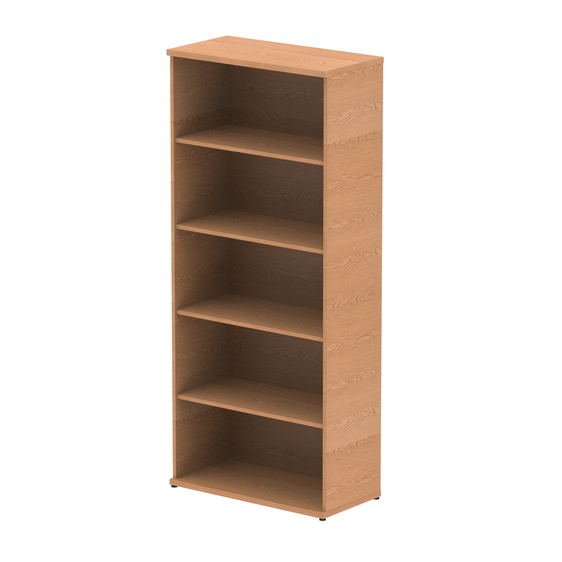 Wood-effect bookshelf with four shelves on a white background