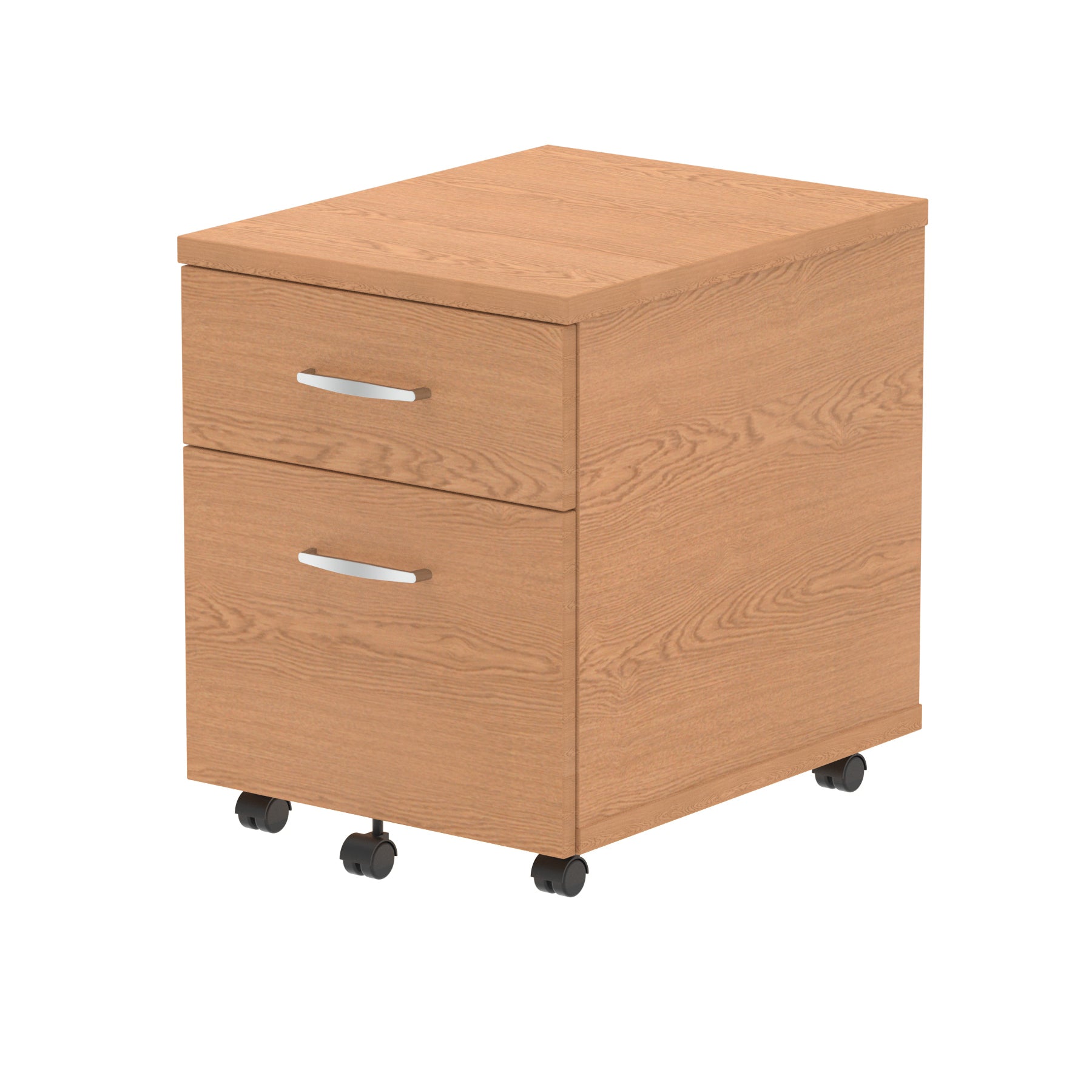 Wood-effect file cabinet with two drawers on wheels against a white background