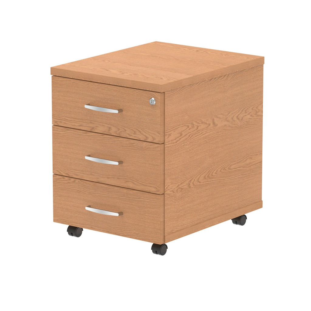 Wood-effect file cabinet with three drawers on wheels against a white background