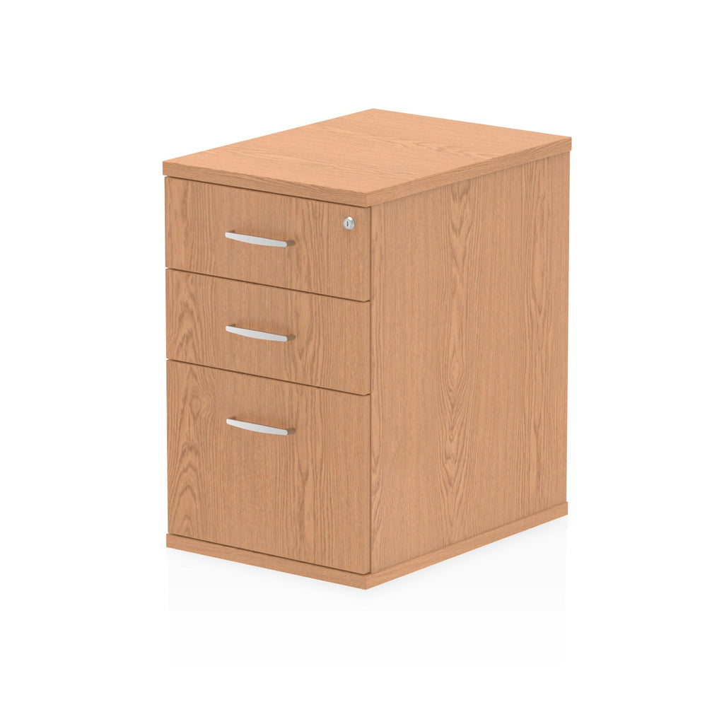 Wood-effect file cabinet with three drawers on a white background