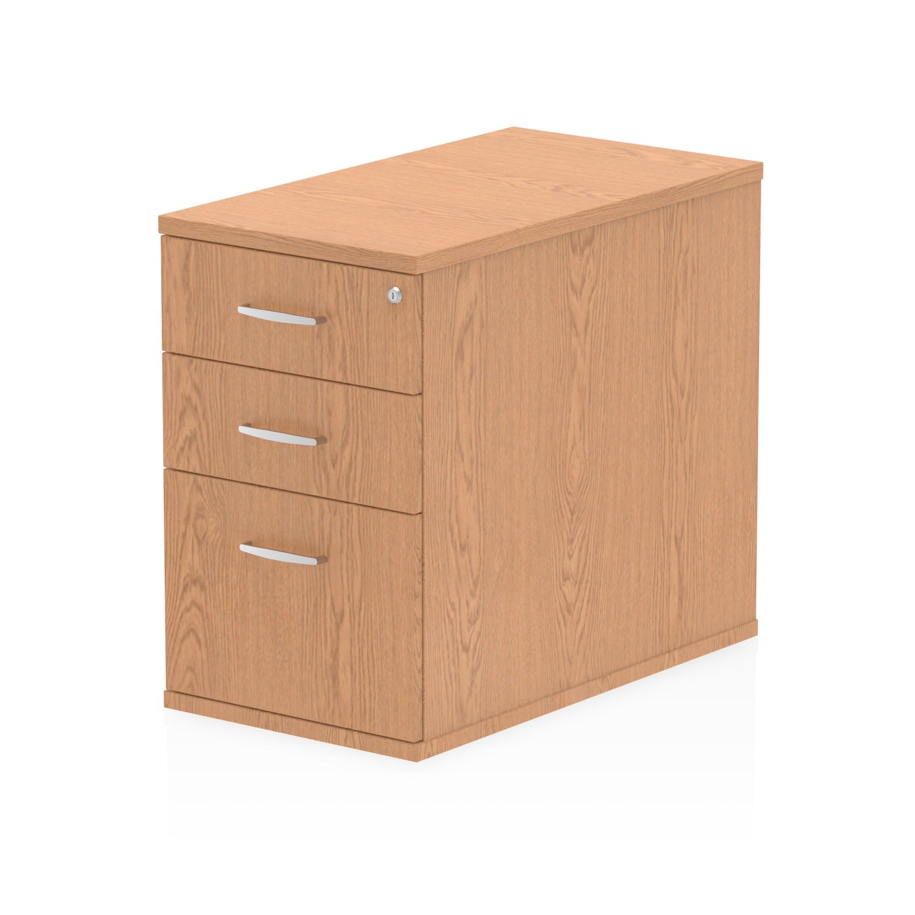 Wood-effect file cabinet with three drawers on a white background