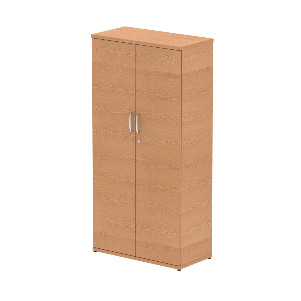 Wood-effect cabinet with two doors on a white background
