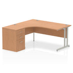 Wood-effect L-shaped desk with metal legs on a white background