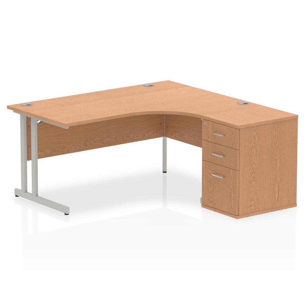 Wood-effect L-shaped desk with metal legs on a white background