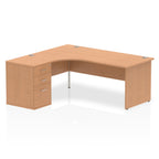 Wood-effect L-shaped desk with drawers on a white background