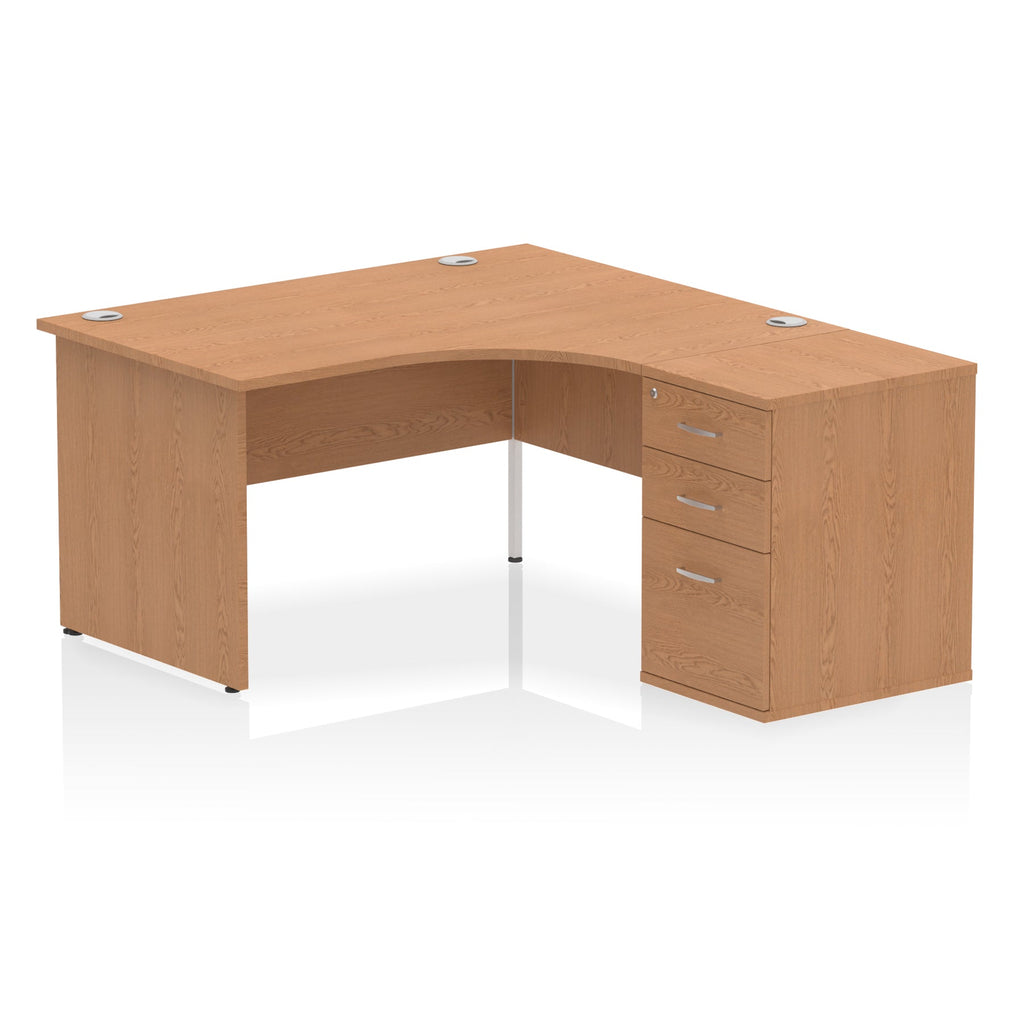 Wood-effect L-shaped desk with drawers on a white background