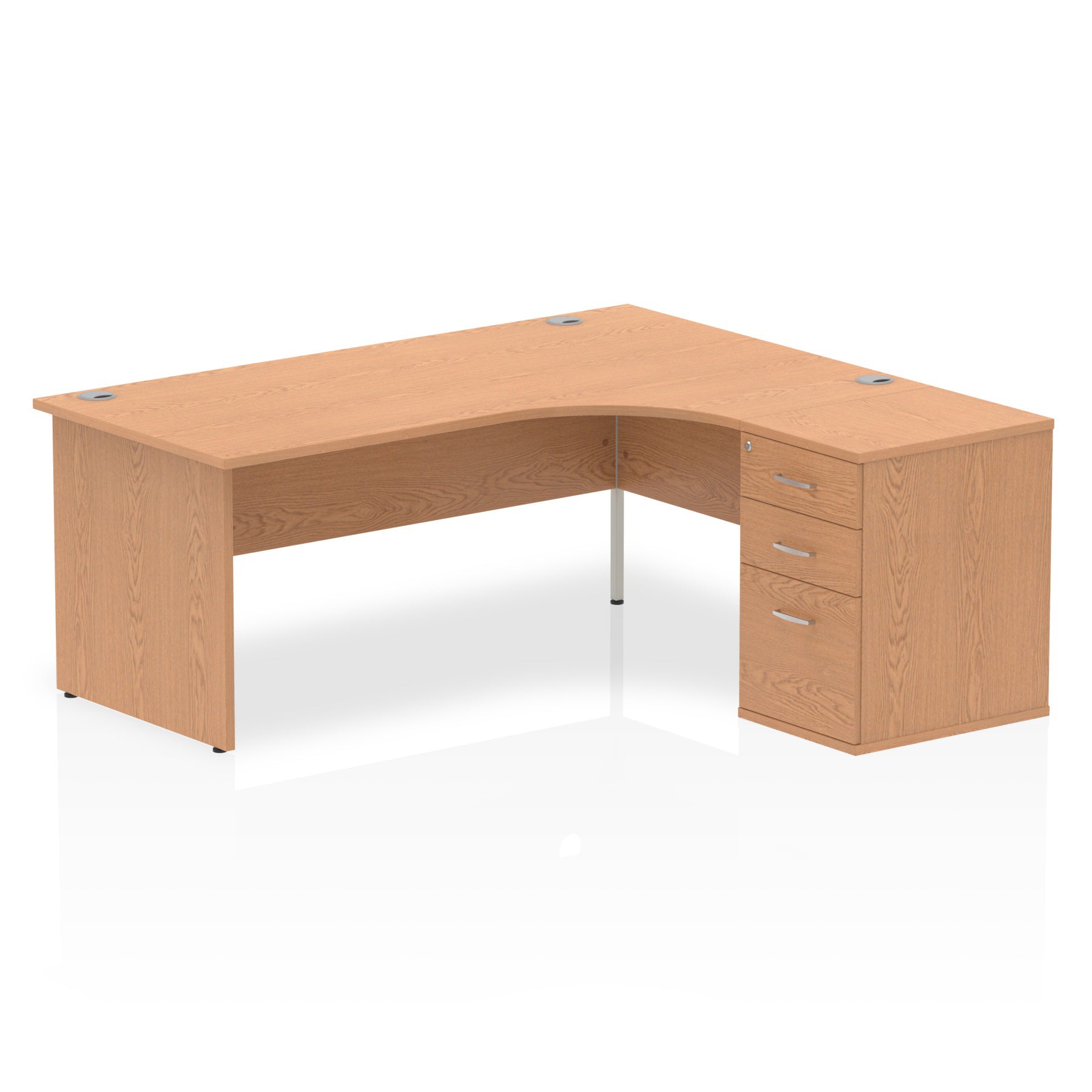 Wood-effect L-shaped desk with drawers on a white background