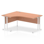  L-shaped desk with wood-effect top and metal legs on a white background