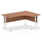 Wood-effect L-shaped desk with metal legs on a white background