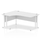  L-shaped desk with white top and metal legs on a white background