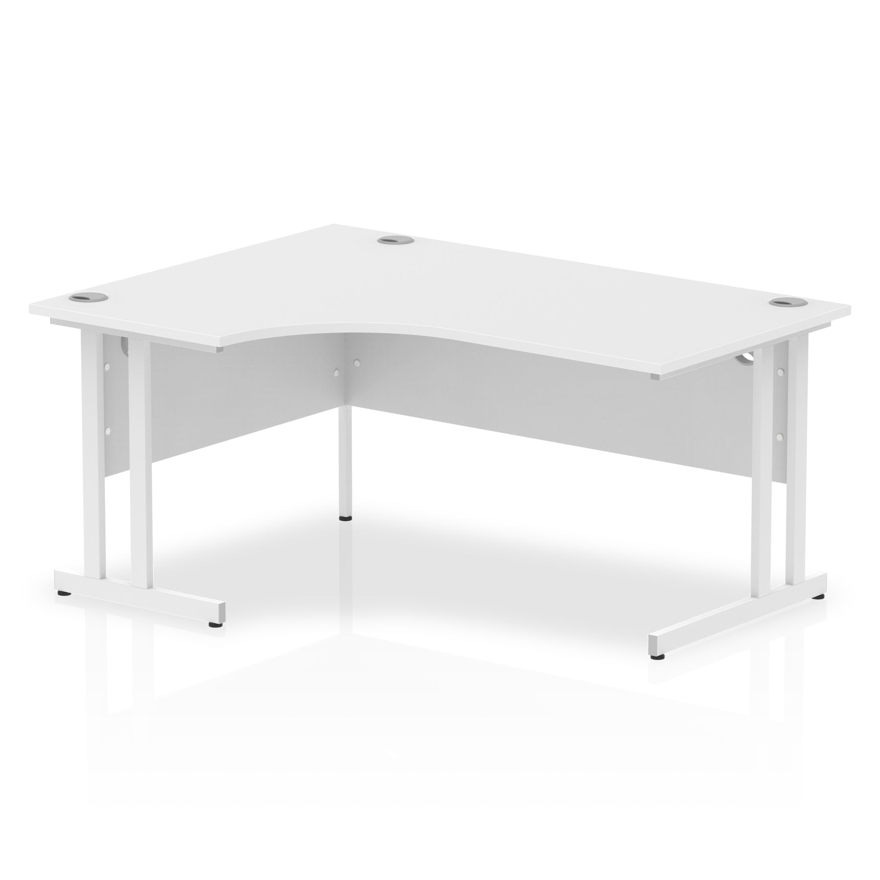  L-shaped desk with white top and metal legs on a white background
