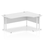 White L-shaped desk with metal legs on a white background
