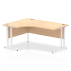  L-shaped desk with wood-effect top and metal legs on a white background