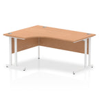  L-shaped desk with wood-effect top and metal legs on a white background