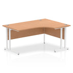 Wood-effect L-shaped desk with metal legs on a white background