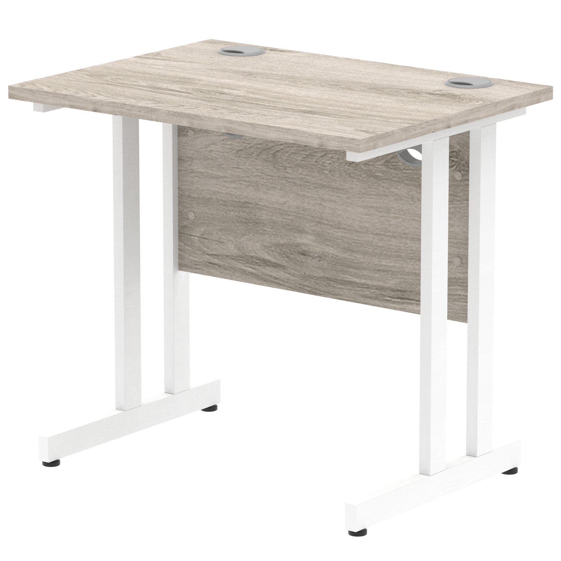 Grey wood-effect desk with cantilever metal legs on a white background
