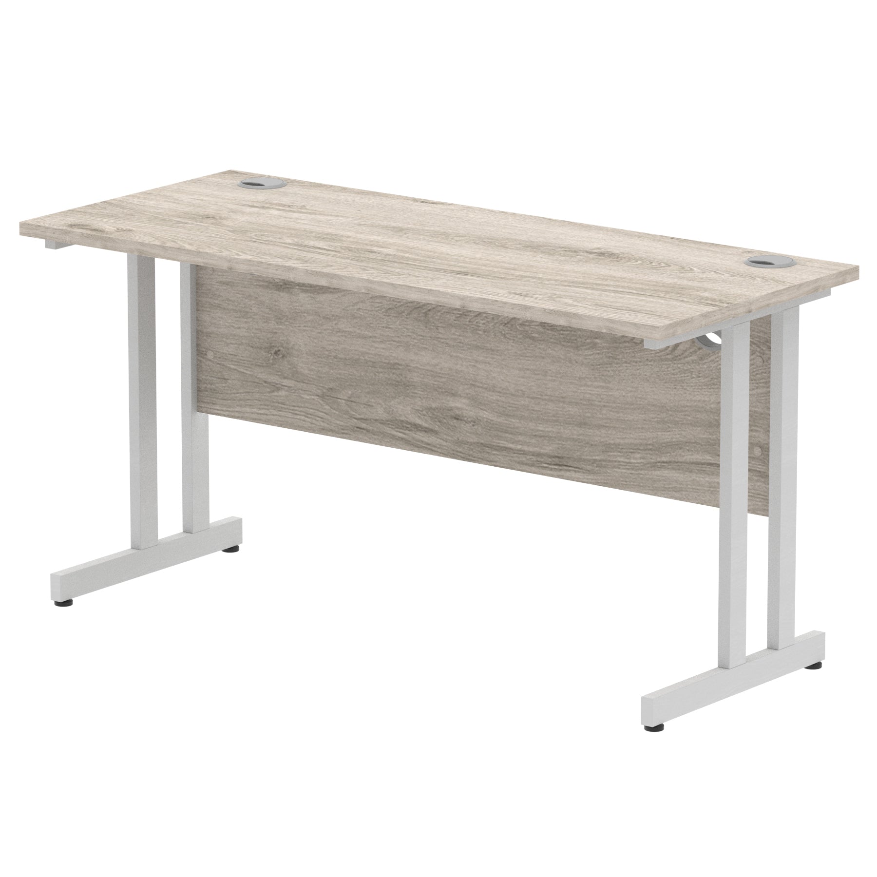 Rectangular desk with wood-effect top and metal frame on a white background