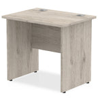 Panel end grey wood-effect desk with a white background