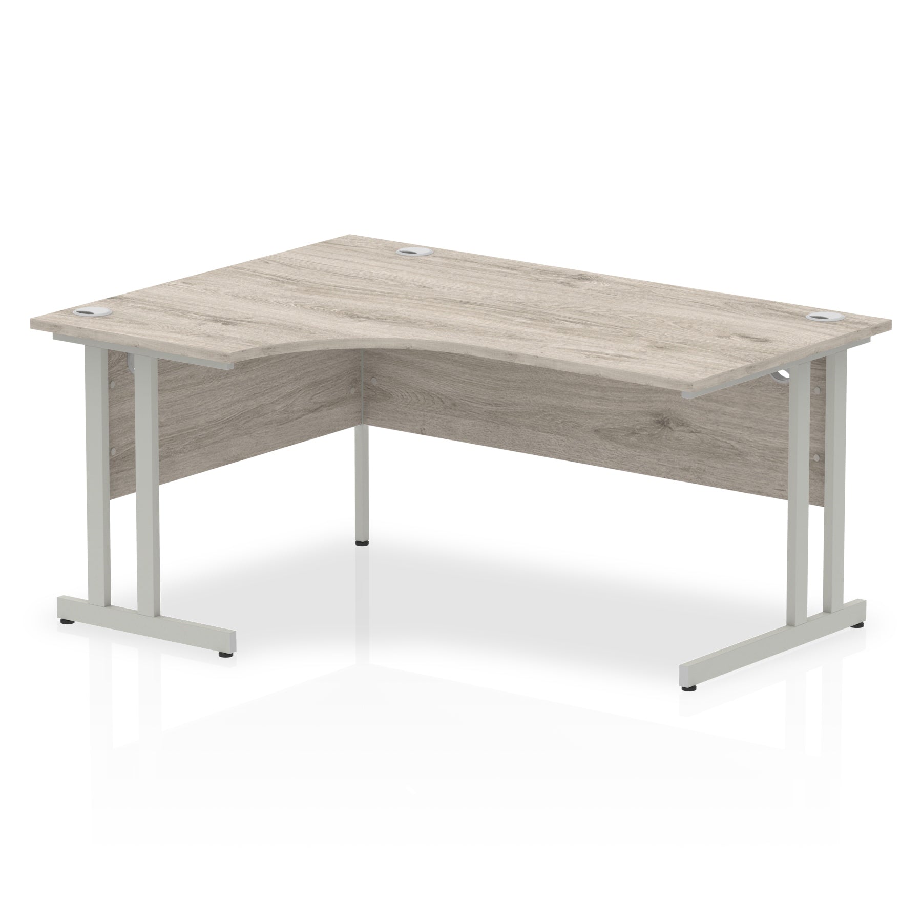  L-shaped desk with wood-effect top and metal legs on a white background