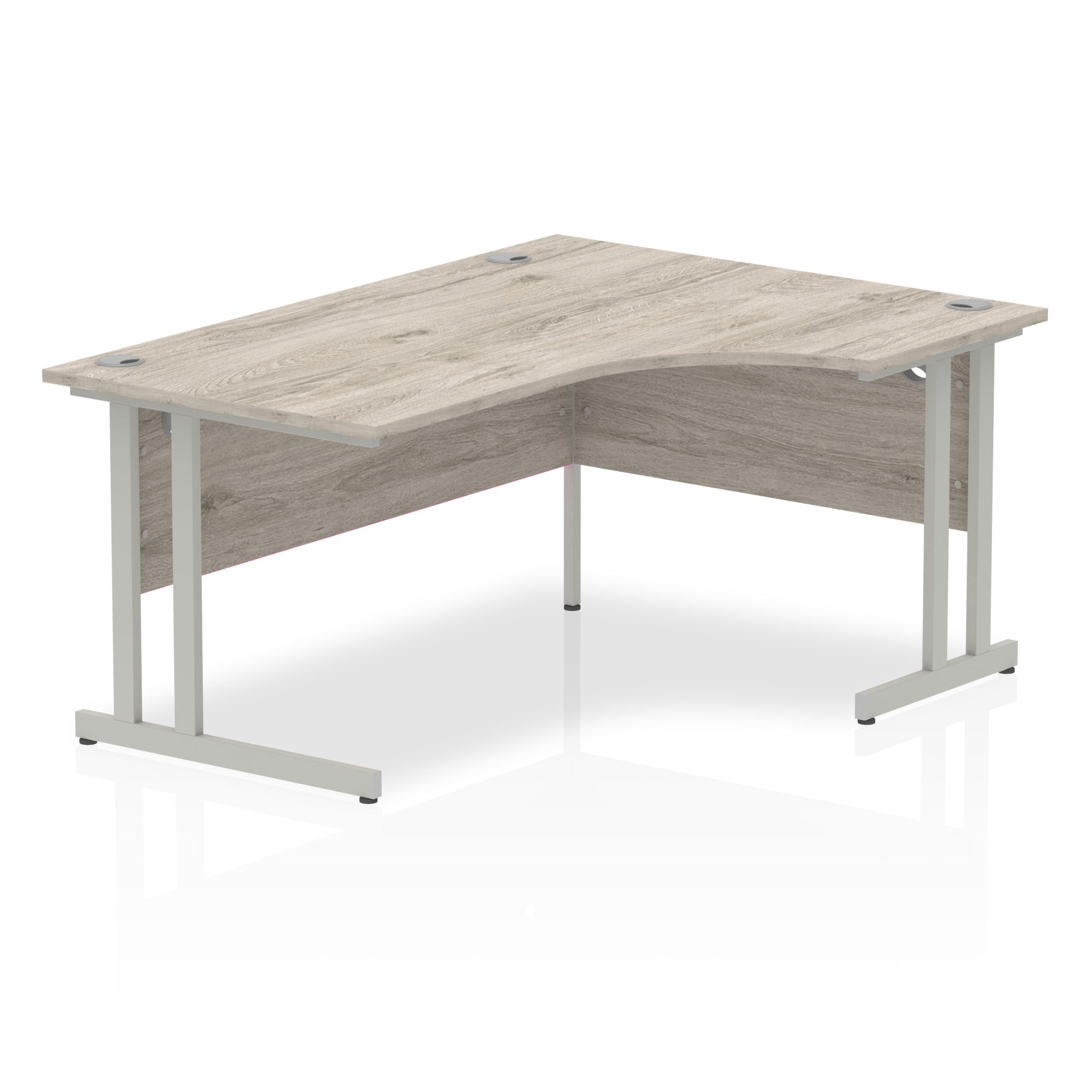 Grey wood-effect L-shaped desk with metal legs on a white background