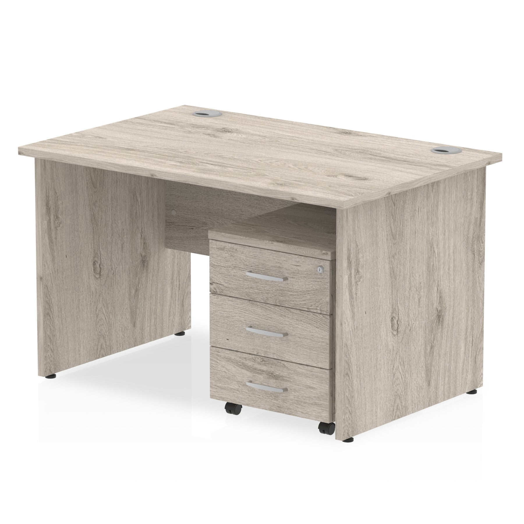 Bundle wood-effect office desk with a mobile 3-drawer pedestal on a white background