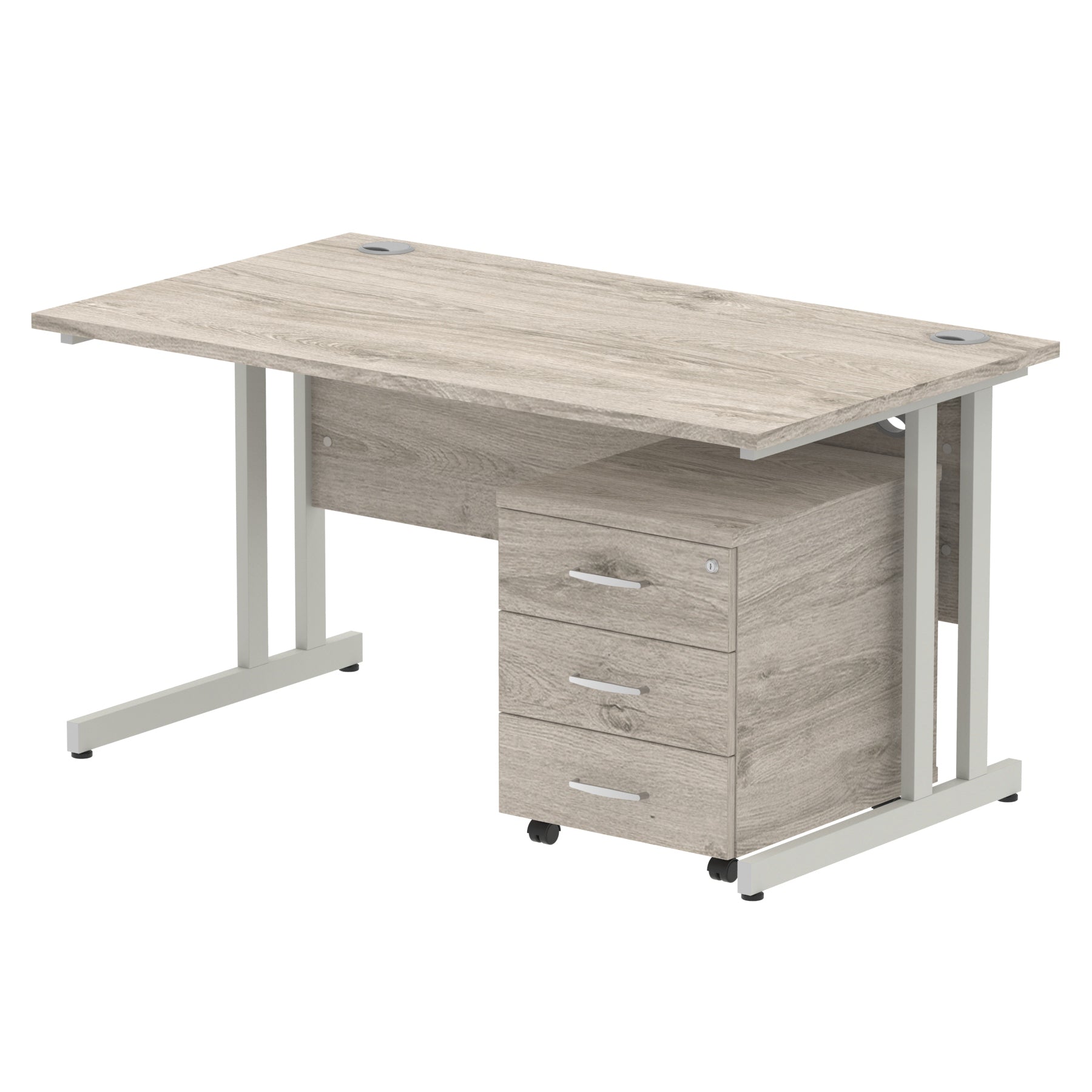 Grey wood-effect office desk with a matching pedestal unit and a metal frame on a white background