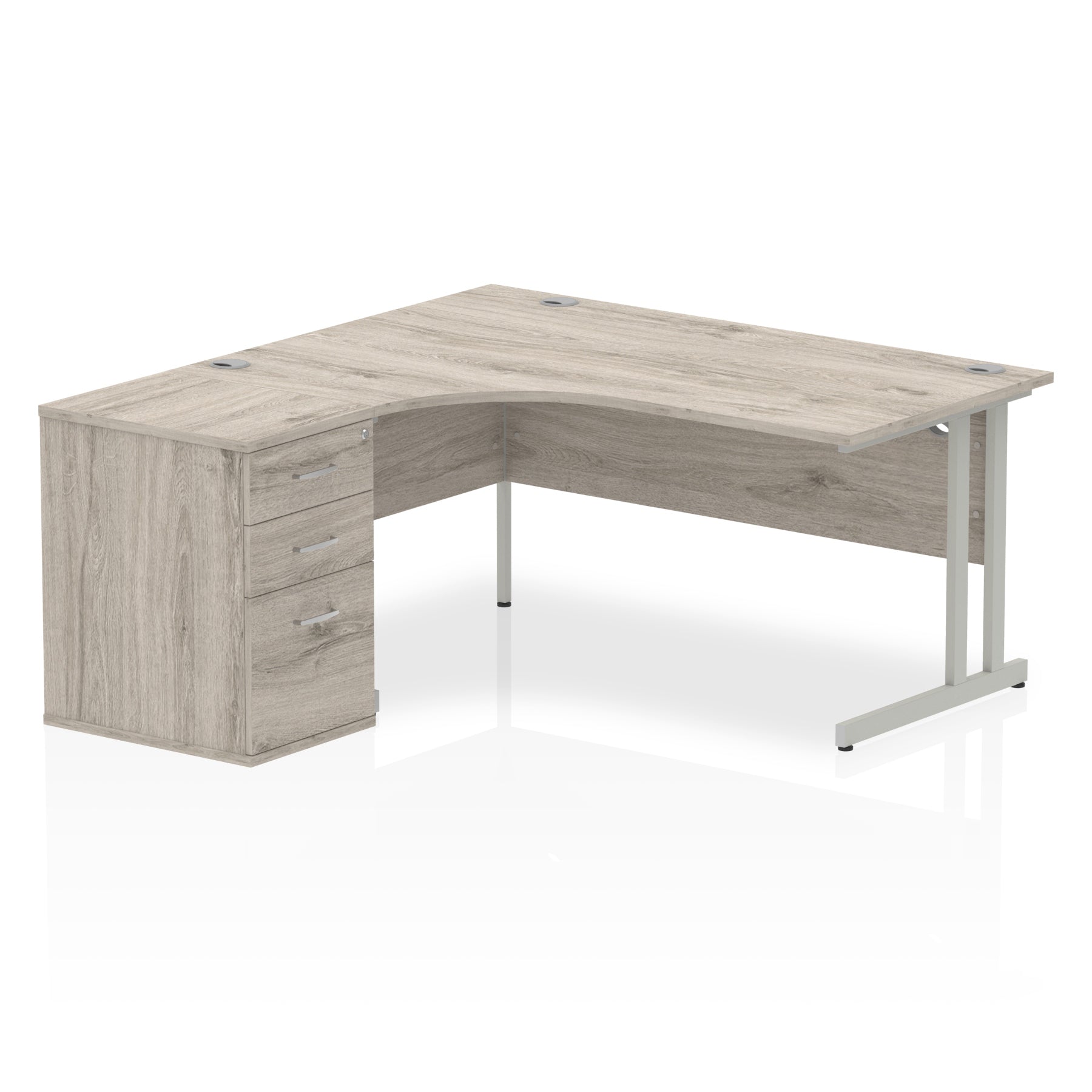 Grey wood-effect L-shaped desk with metal legs on a white background