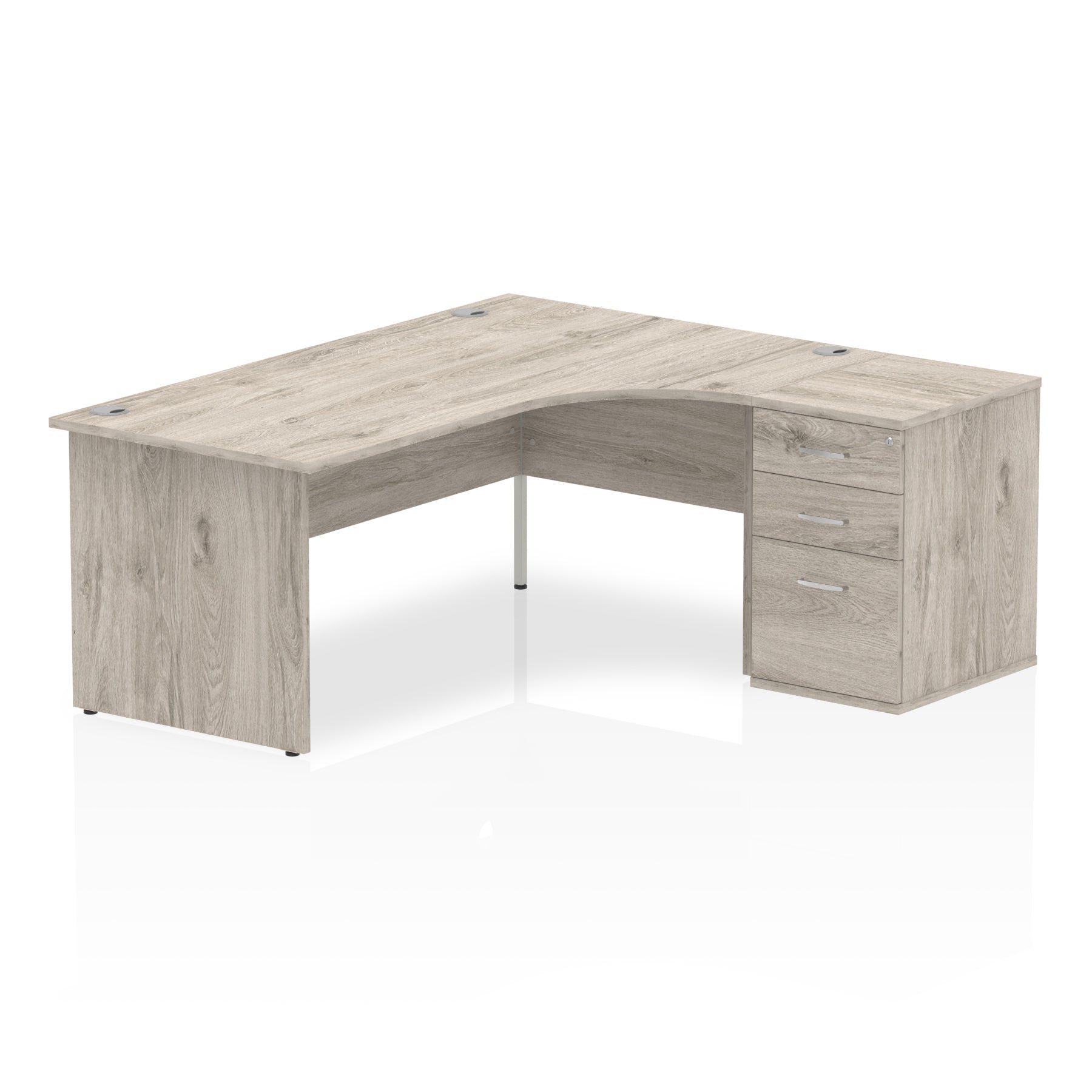 Wood-effect L-shaped desk with drawers on a white background