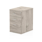 Grey wood-effect file cabinet with three drawers on a white background
