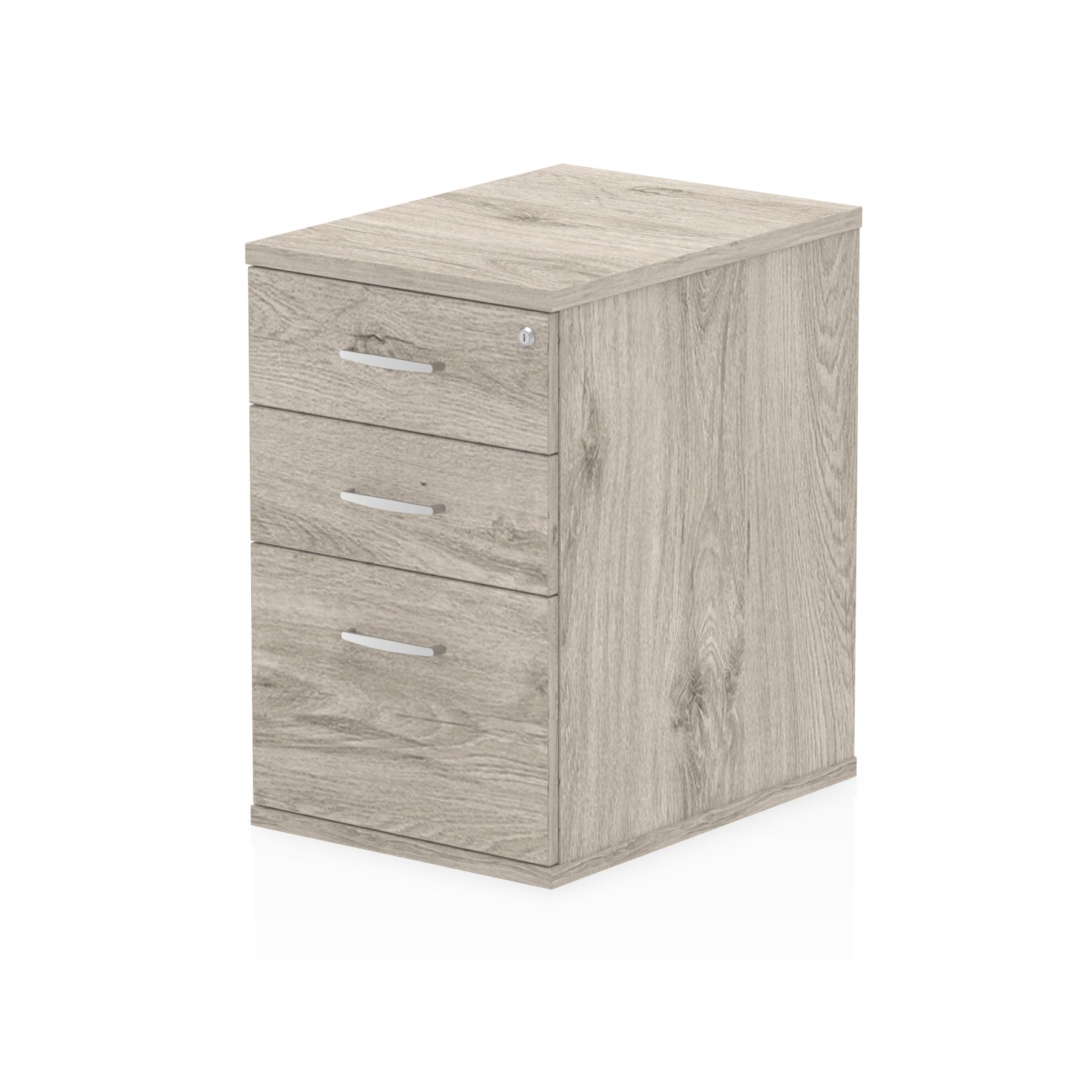 Grey wood-effect file cabinet with three drawers on a white background