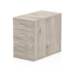 Grey wood-effect file cabinet with three drawers on a white background