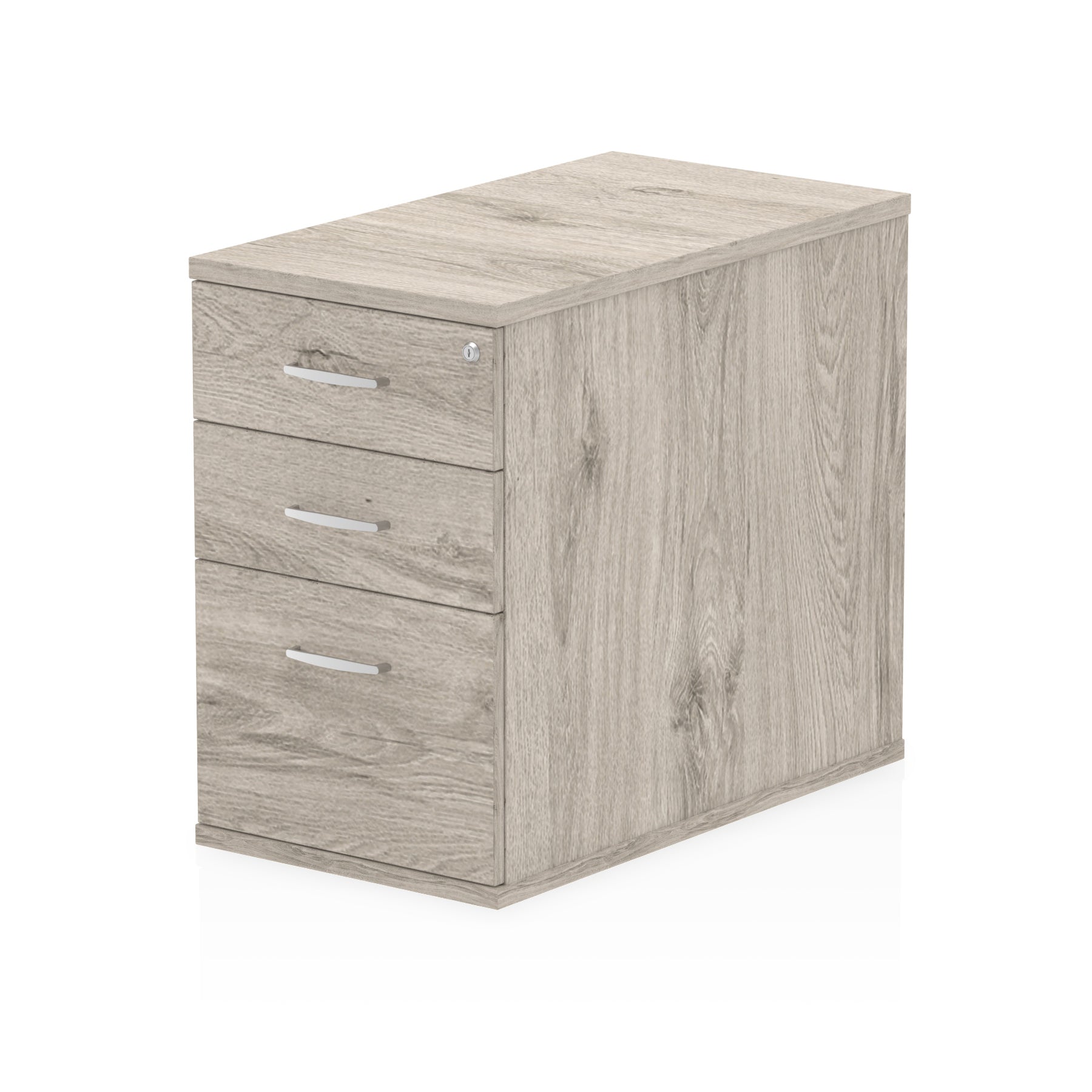 Grey wood-effect file cabinet with three drawers on a white background