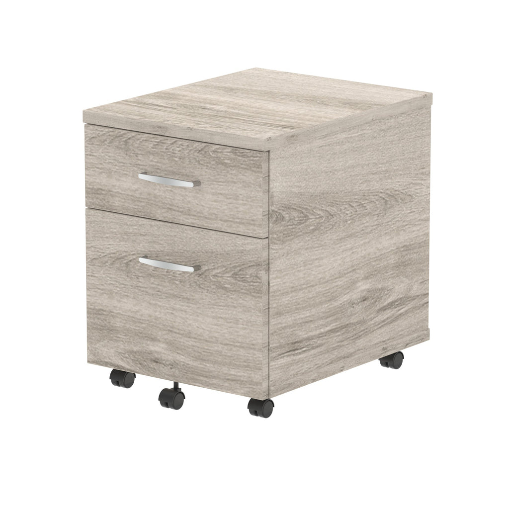 Grey wood-effect file cabinet with two drawers on wheels against a white background