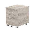 Grey wood-effect file cabinet with two drawers on wheels against a white background