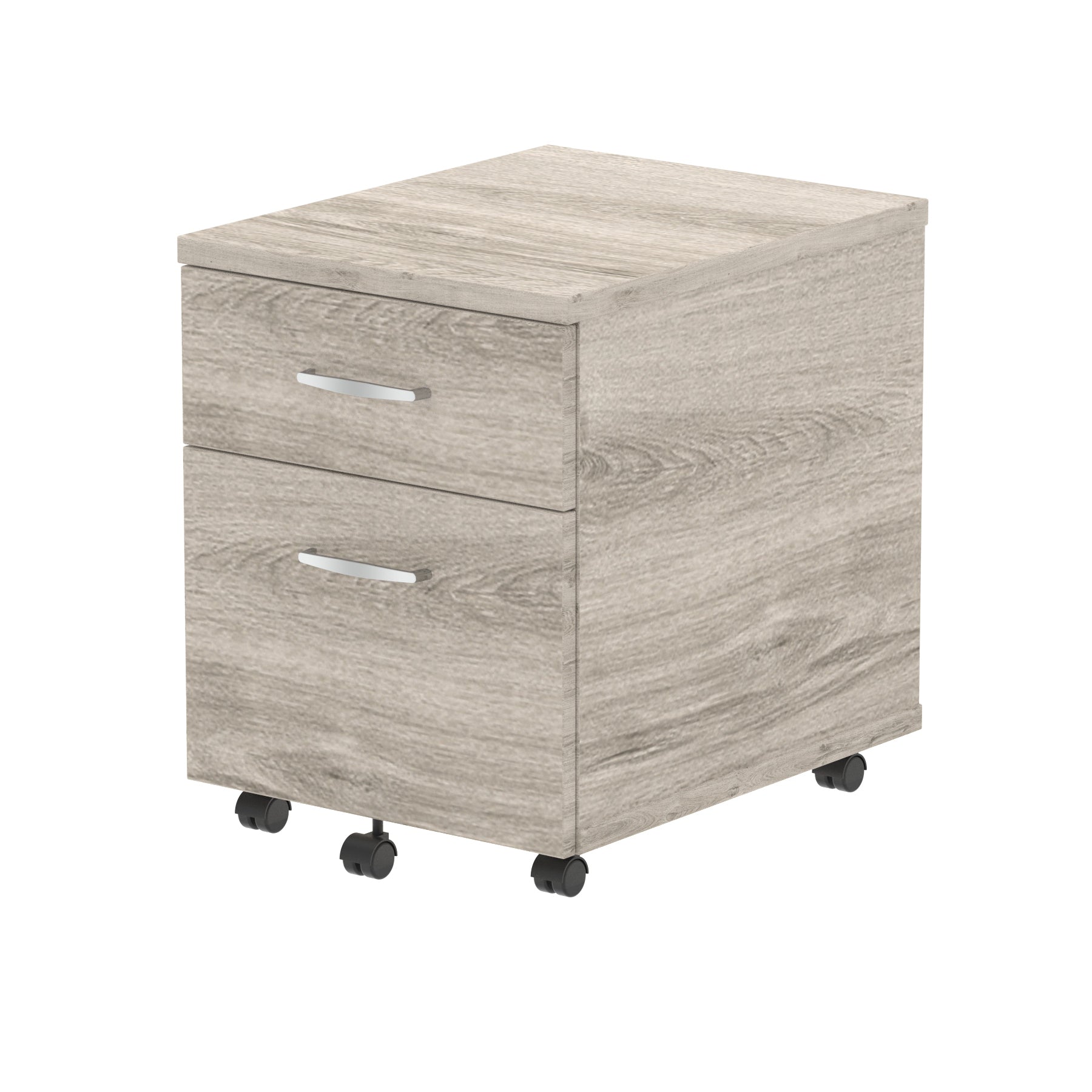Grey wood-effect file cabinet with two drawers on wheels against a white background