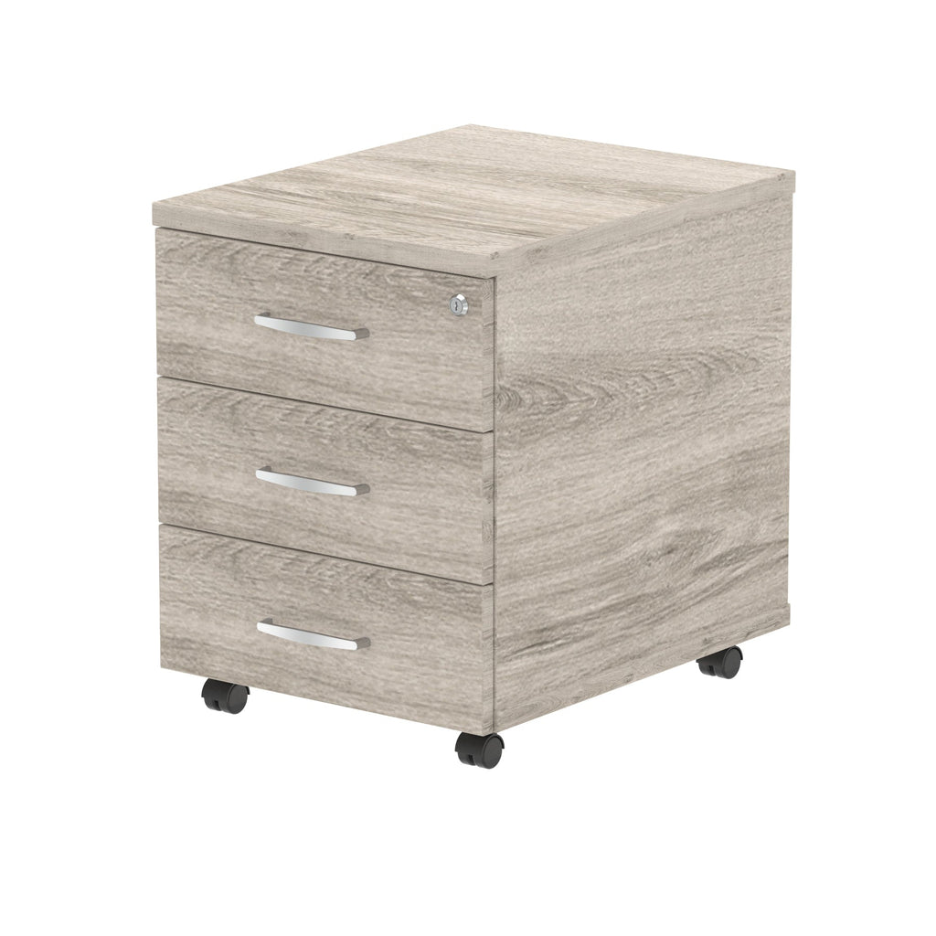 Grey wood-effect file cabinet with three drawers on wheels against a white background