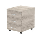 Grey wood-effect file cabinet with three drawers on wheels against a white background